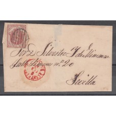 Historia Postal - España 1854 Edifil 33A Envuelta Fuente de Maestre a Sevilla Parrilla negra y fechador rojo