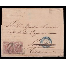 Historia Postal - España 1854 Edifil 33A Fechada en San Fernando 14-marzo-1855 a Sevilla y reexpedientada a Carmona. Mtº parrilla negro