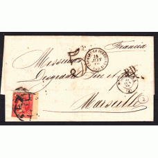 Historia Postal - España 1860 Edifil 53 Barcelona a Marsella, sello con borde hoja