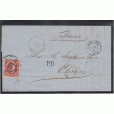 Historia Postal - España 1860 Edifil 53 Mtº RC nº 15 Zaragoza dirigida a Oloron (Francia) con PD y 5 porteo