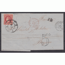 Historia Postal - España 1860 Edifil 53 Mtº RC nº 2 Barcelona a Bayona con Mtº fecha rojo-España Le Perthus PD y 5 de porteo,