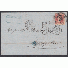 Historia Postal - España 1860 Edifil 53 Zaragoza a Montpellier Mtº Rueda de carreta
