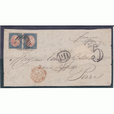 Historia Postal - España 1864 Edifil 70  Frontal con pareja, dirigida de Madrid a Paris,Mtº parrilla y PD sobretasa 5