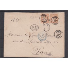 Historia Postal - España 1867 Edifil 88  Pareja, marca de Porteo de Jerez a Paris