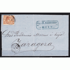 Historia Postal - España 1867 Edifil 96  Reus 12-junio-1867 a Zaragoza con marca comercial Mtº fecha Reus (Tarragona) sobre sello y el frente