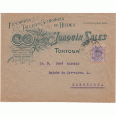 Historia Postal - España 1909 Edifil 270  Sobre comercial de Tortosa a Barcelona en 1914, con marca de reparto al dorso