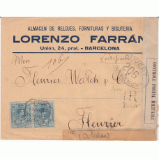 Historia Postal - España 1909 Edifil  274(2)  Sobre certificado de Barcelona a Suiza en 1918, con censura francesa al dorso, Viñeta publicitaria de relojes