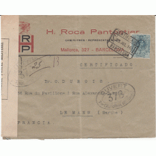 Historia Postal - España 1909 Edifil 277  Sobre certificado de Barcelona a Lemans de 1916 con censura francesa
