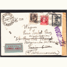 Historia Postal - España 1932 Edifil 662-673-687  Madrid a Paris correo aéreo, 2-octubre-1937 censurada
