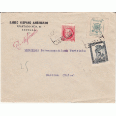 Historia Postal - España 1932 Edifil 673-687  Pro Sevilla 5 ctms con perforación BHA. Certificado de Sevilla a Basileo (Suiza) por Gibraltara