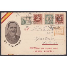 Historia Postal - España 1937 Edifil 685-738(2) Gerona a París. Censura de la República  814/5-817 - Tarjeta circulada de Cazalla a Toledo con sello llocal nº 5 Cazalla amarillo