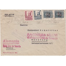 Historia Postal - España 1937 Edifil 822-/25-845(2)  Sta. Cruz de Tenerife a Wurzburg Alemania correo aéro y Censura militar
