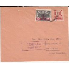 Historia Postal - España 1937 Edifil 823 Sevilla a Las Palmas con viñeta