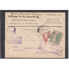 Historia Postal - España 1937 Edifil 823 Tarjeta postal de Jerez a Uruguay con franqueo bisectado y viñeta censura militar