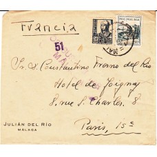 Historia Postal - España 1937 Edifil 825 Con viñeta Pro Malaga 5 cts. De Málaga a Paris con censura militar Málaga