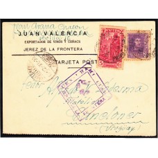 Historia Postal - España 1938 Edifil 842+Ben.21 Tarjeta postal de Jerez de la Frontera a Uruguay