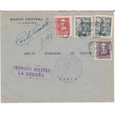 Historia Postal - España 1938 Edifil 857-870(2) Certificado de la Coruña a París, censura militar La Coruña