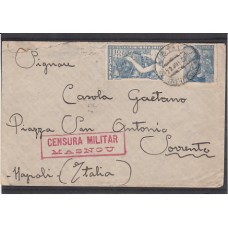 Historia Postal - España 1939 Edifil 874-887  Sobretasa obligatoria.Homenaje al ejército.Masnou a Sorrento con marca de censura militar Masnou roja