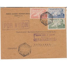 Historia Postal - España 1939 Edifil 880-884/5  Dirigida a Budapest por avión, correo aéreo de Sevilla, Censurado Sevilla