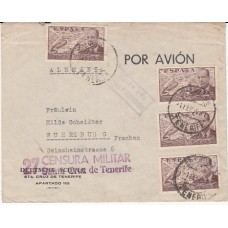 Historia Postal - España 1939 Edifil 883(4)  Santa Cruz de Tenerife a Wuerzburg Censura militar por avión