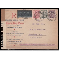 Historia Postal - España 1939 Edifil 923-925-933  Carta aérea Figueras a Monrristown cierre de censura Español y Americano