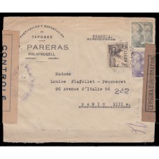 Historia Postal - España 1940 Edifil 916-922-925  Palafrugell (Gerona) a París (Francia) con censura gubernativa Barcelona