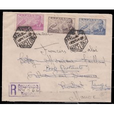 Historia Postal - España 1940 Edifil 942/4  Certificado correo aéreo de Barcelona a Rabat