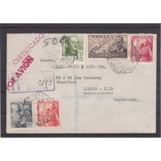 Historia Postal - España 1940 Edifil 943-1021-1024-1032-1053  Certificado aéreo de Barcelona a Londres, Bonito franqueo