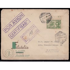 Historia Postal - España 1945 Edifil 990 Certificado de Madrid a Valencia por avión