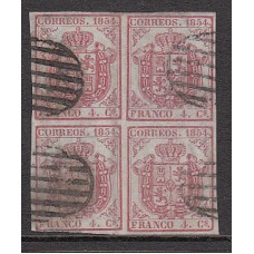 España Clásicos 1854 Edifil 33A Usado - Bloque de cuatro con un sello adelgazado