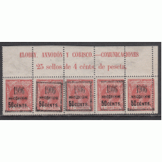 Elobey Variedades 1906 Edifil 34D ** Mnh  Tira de 5 sellos con cabecera falta en 3 sellos parte del marco