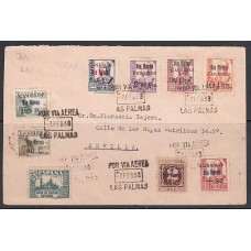 Canarias Correo 1938 Edifil 44/51  CARTA de Las Palmas a Sevilla Matasello vía aérea Las Palmas