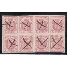España Telégrafos 1864 Edifil 2 o Bloque de 8 sellos Mtº pluma