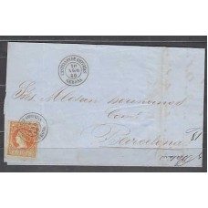 Matasellos y marcas de 4 cuartos Fechador 1860 Edifil 52  Castellón de Ampurias (Gerona) CARTA a Barcelona