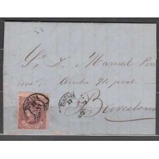 Matasellos y marcas de 4 cuartos Fechador 1862 Edifil 58  Tortosa (Tarragona) CARTA a Barcelona