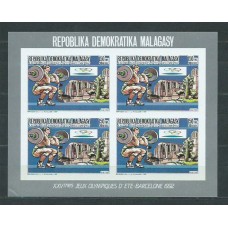 Madagascar - Correo 1987 Yvert 825/8+A 196/7 hojitas en bloque de cuatro sin dentar fondo plata **  Olimpiadas de Barcelona