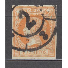 Matasellos y marcas de 4 cuartos Rueda de carreta 1860 Edifil 52 nº 2 Barcelona