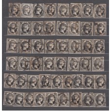 España Clásicos 1851 Edifil 6 Usado - Lote de 50 sellos para estudiar los defectos de plancha