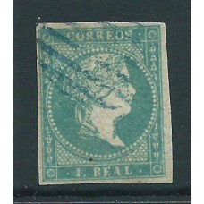 España Clásicos 1855 Edifil 45 usado  Matasellos Parrilla en azul con algun defecto