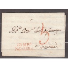 Carta DP.6 - Pamplona a Marcilla 1828, PE.28 Navarra en rojo, porteo 5 en rojo