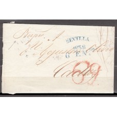 Carta DP.25 - Sevilla a Cádiz (6-enero-1838) PE.27 en azul y 69 rojo con vapor