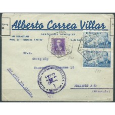 Historia Postal España 1939 Edifil 884(2)-855 de Vitoria a Frankfurt con Censura Militar de Correos por Avión Via Italia