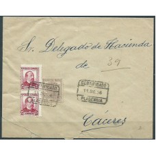 Historia Postal España 1933 Edifil 685(2)+ Timbre movil de Plasencia a Caceres con sello especial movil
