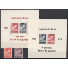 Cuba - Correo 1952 Yvert 356+Aereo 49 + Hojitas 8/9 * Mh V Centenario de Isabel la Catolica